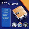 Orange portable shaver R-19 with double ring magnetic suction blades and detachable head shown in various angles