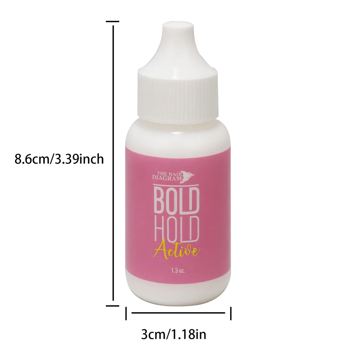 A white bottle of Bold Hold Active waterproof lace wig glue with a white dropper cap.