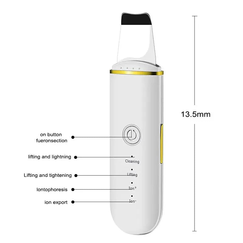 A white ultrasonic facial scrubber and ion cleaning device shown with various features labeled.