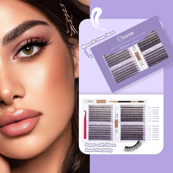 A close-up of a woman's eye showing a DIY Soft Volume Eyelash Cluster Extension Kit for eyelash extensions.