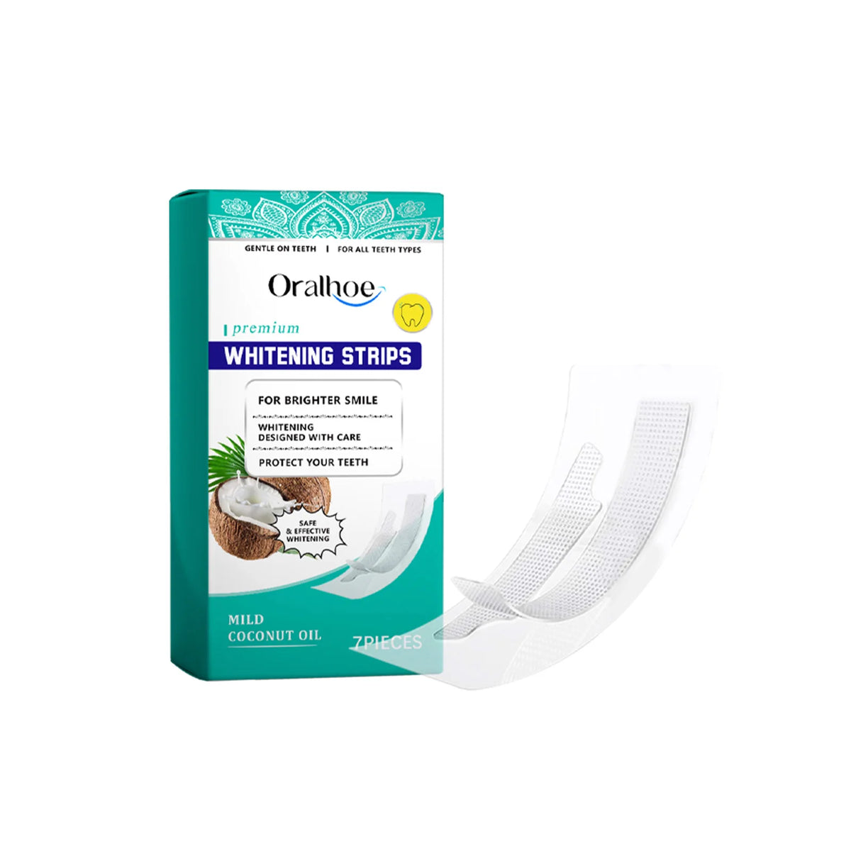 Box of Oralhoe whitening strips with coconut oil for brightening teeth
