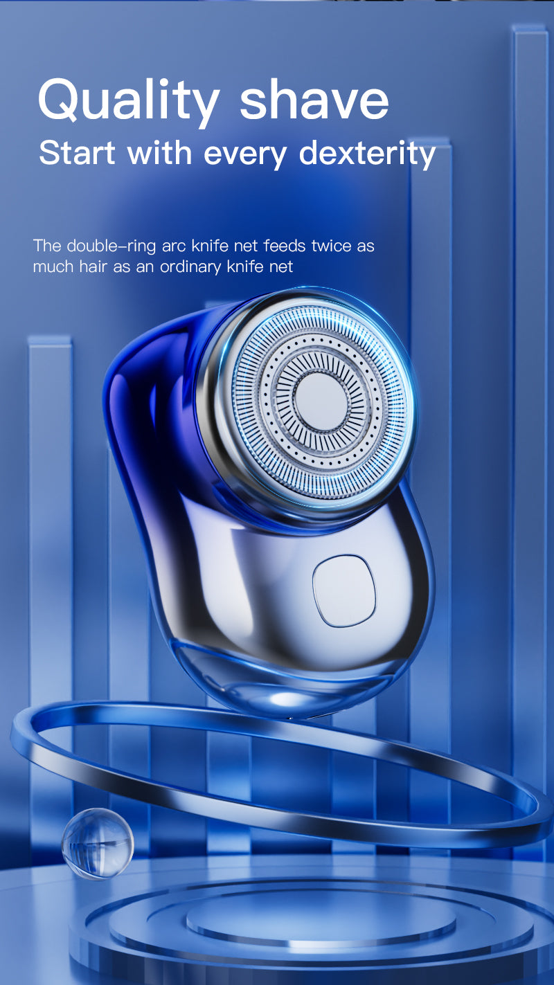 A close-up of a blue electric shaver head and body with a silver ring, resting on a glass surface.
