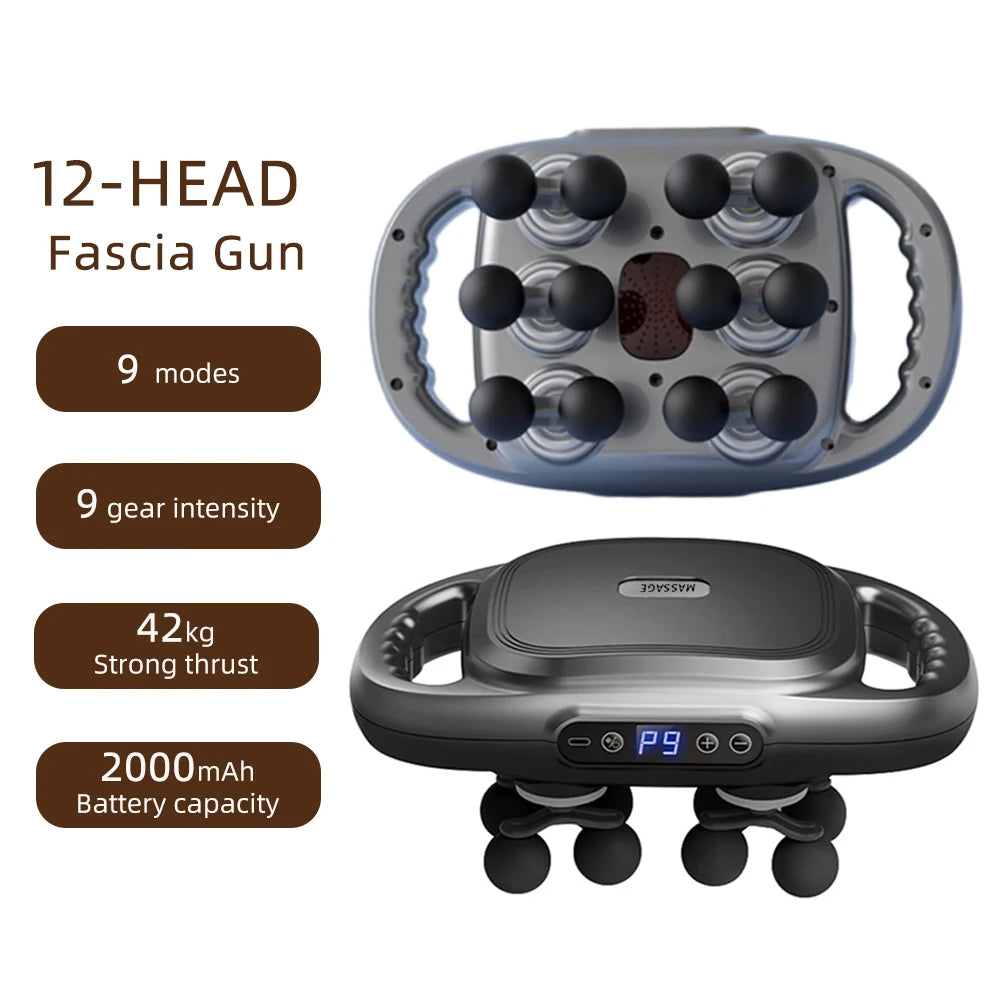 A gray 12-head fascia gun massage device with a handle and multiple massage heads, along with its battery and intensity featu