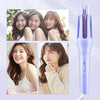A purple professional automatic ceramic curling iron with a white cord, shown alongside three women modeling the hair treatme