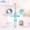 A vertical view of a light blue kids electric toothbrush with a green handle, showing features like LED light and IPX7 waterp