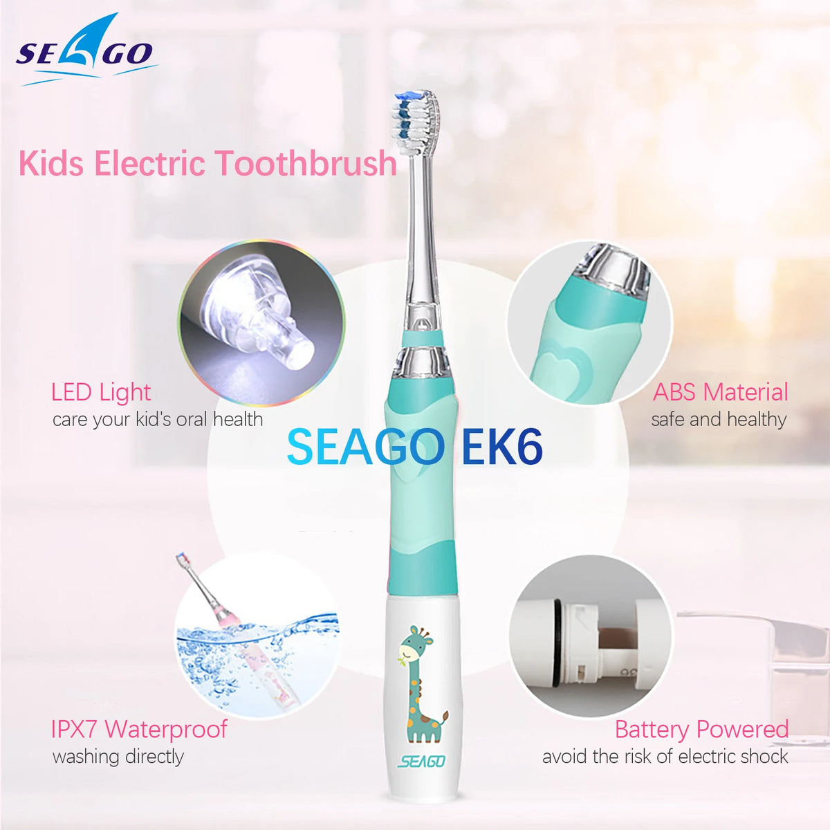 A vertical view of a light blue kids electric toothbrush with a green handle, showing features like LED light and IPX7 waterp
