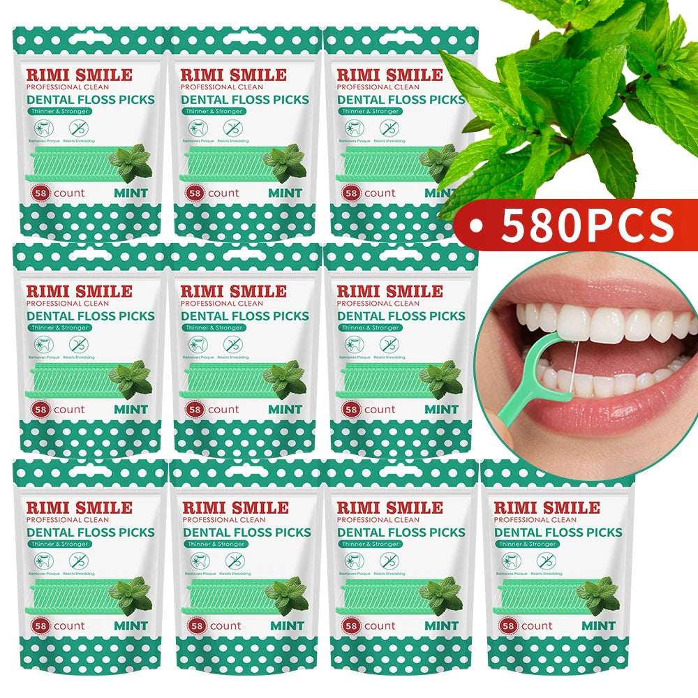Pack of 12 Rimi Smile professional clean dental floss picks in mint flavor with green packaging
