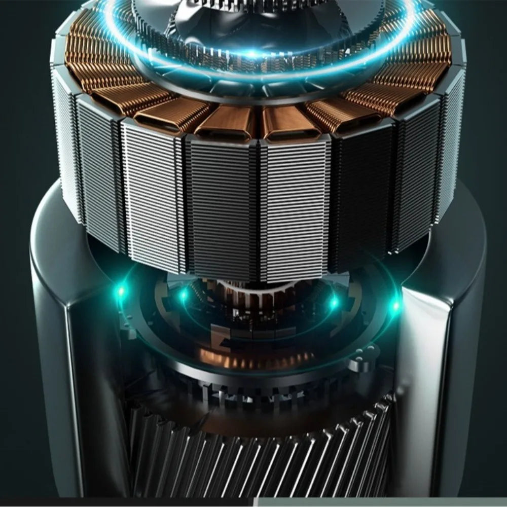 Primer plano de un afeitador eléctrico portátil con componentes metálicos y negros y acentos azules brillantes.