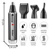 A Kemel rechargeable trimmer shown with various attachments for nose, ear, and eyebrow hair removal.
