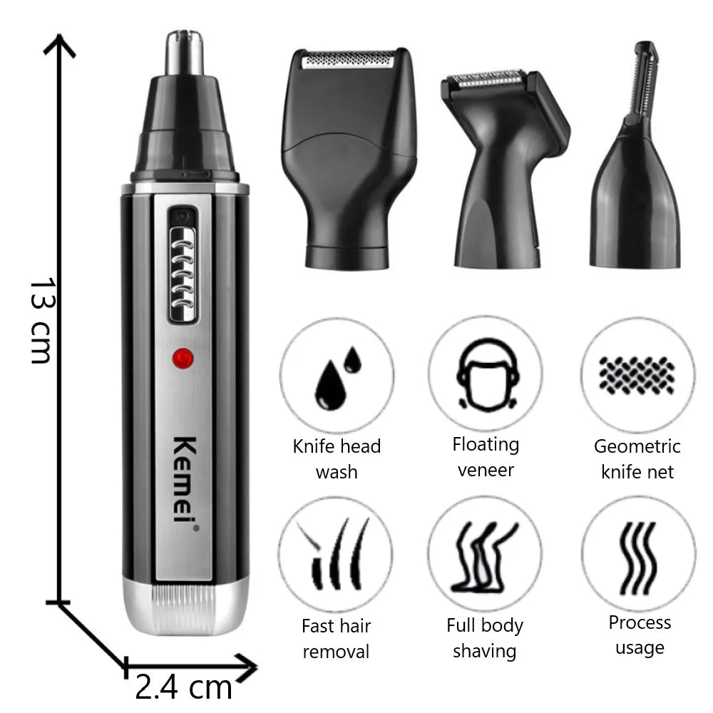 A Kemel rechargeable trimmer shown with various attachments for nose, ear, and eyebrow hair removal.