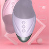 A close-up of a purple and silver USB rechargeable facial cleansing brush with a textured head.