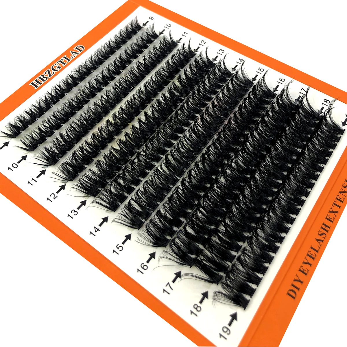 A tray of mixed black false eyelashes numbered 1 through 19 are displayed for natural eye enhancement.