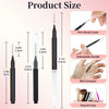 Diagram showing the size and features of a mini brow and eyelash comb set including a firm brush cover, extendable handle, mi