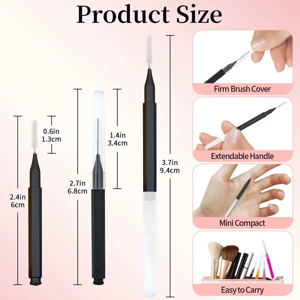 Diagram showing the size and features of a mini brow and eyelash comb set including a firm brush cover, extendable handle, mi
