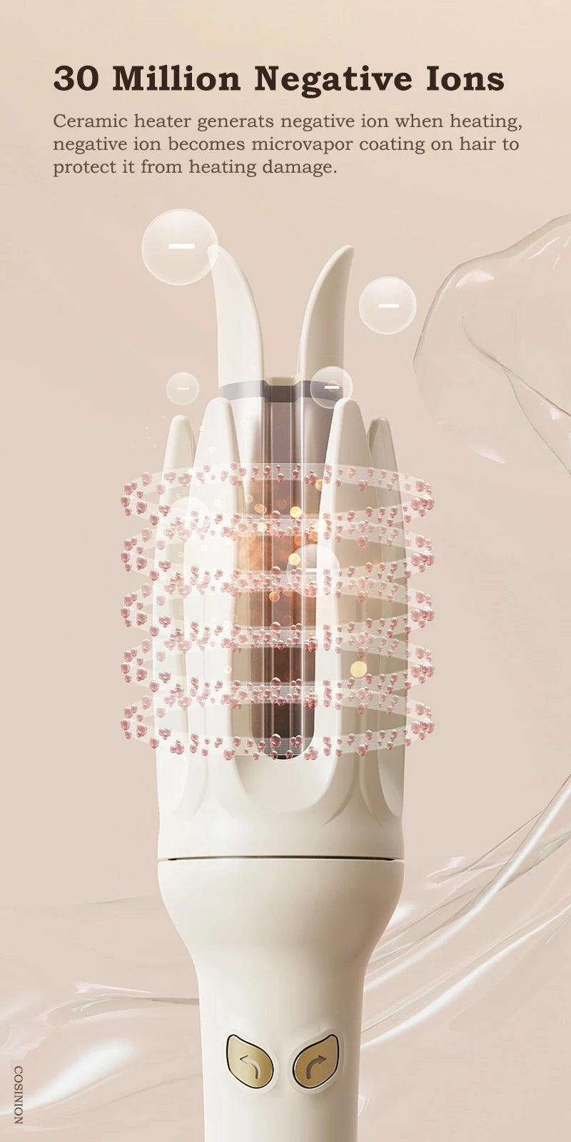 A close-up of a white ceramic hair curler device with negative ion indicators and a protective coating on the barrel.
