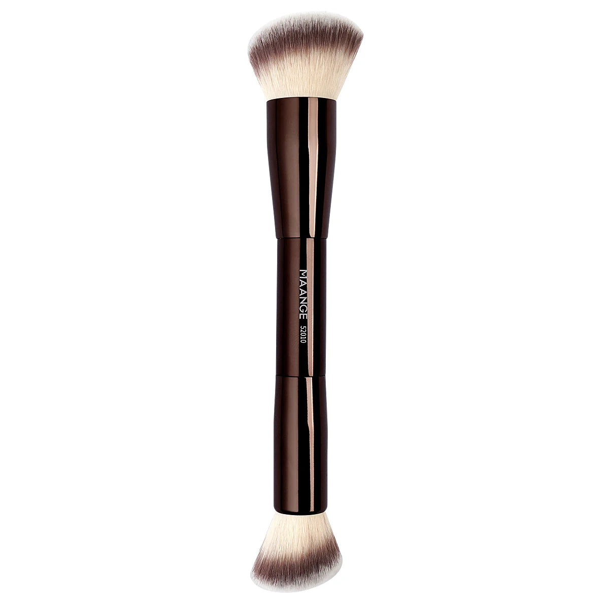 A brown double-ended makeup brush set with a fluffy brush and a flat brush.