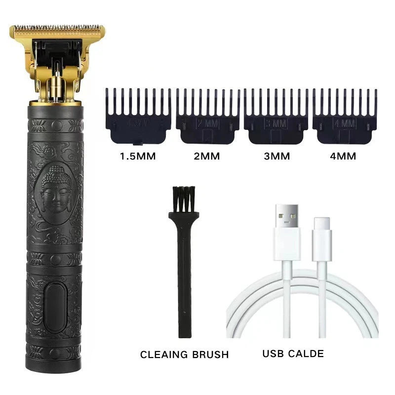 A set of professional cordless electric hair clipper accessories including a brush and USB cable.
