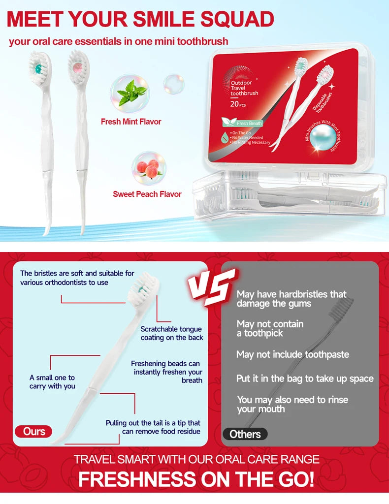 Un set de brosses à dents multifonction jetables et un racloir pour la langue, emballés pour les voyages.