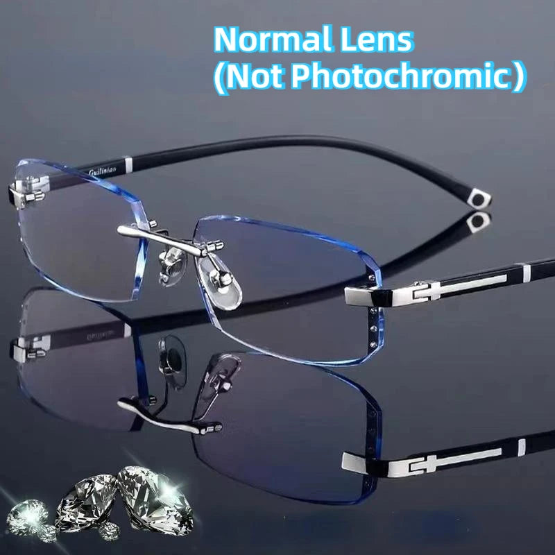 A pair of blue-tinted normal non-photochromic reading glasses displayed on a dark surface.