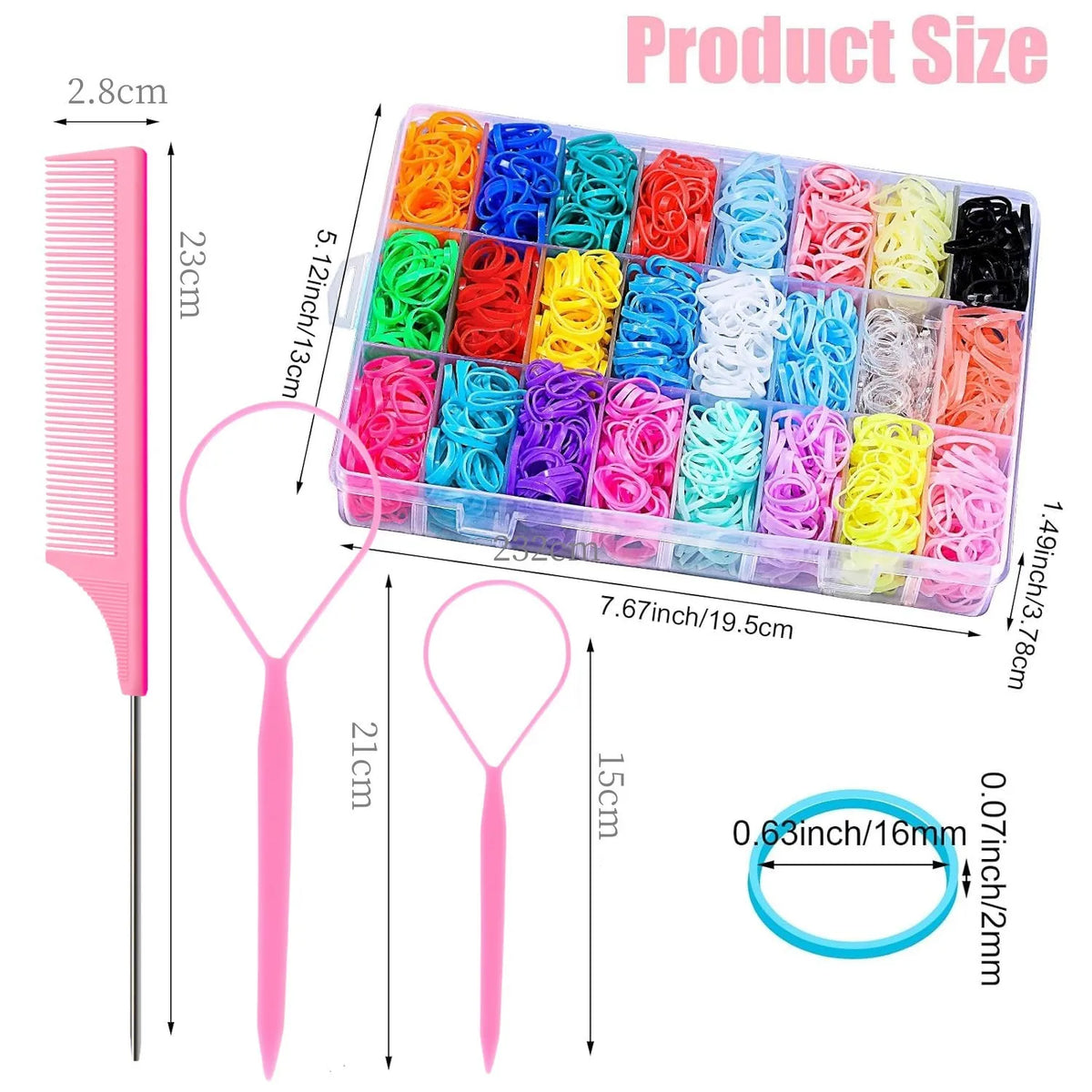 A set of 24-color hair ties in various colors and textures packaged in a clear plastic container with a pink comb and hairpin