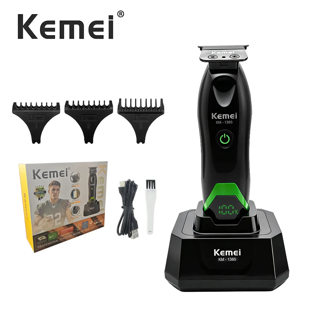 A black Kemei XM-1385 LED hair clipper trimmer with various attachments and accessories.