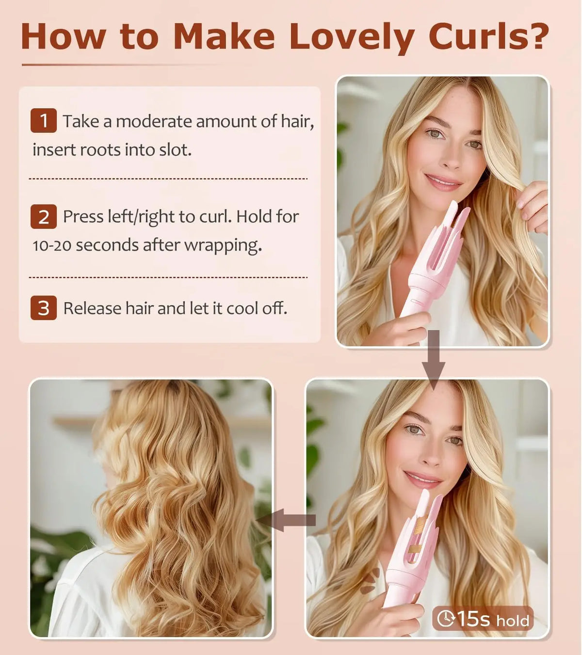 A woman is using a pink professional curling iron to create curls in her blonde hair.