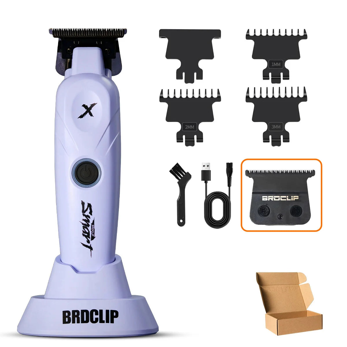A purple and black multi-function hair grooming kit with various attachments and a charging cable.
