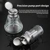 A clear glass bottle with a precision pump port design for liquid extraction and airtight sealing.