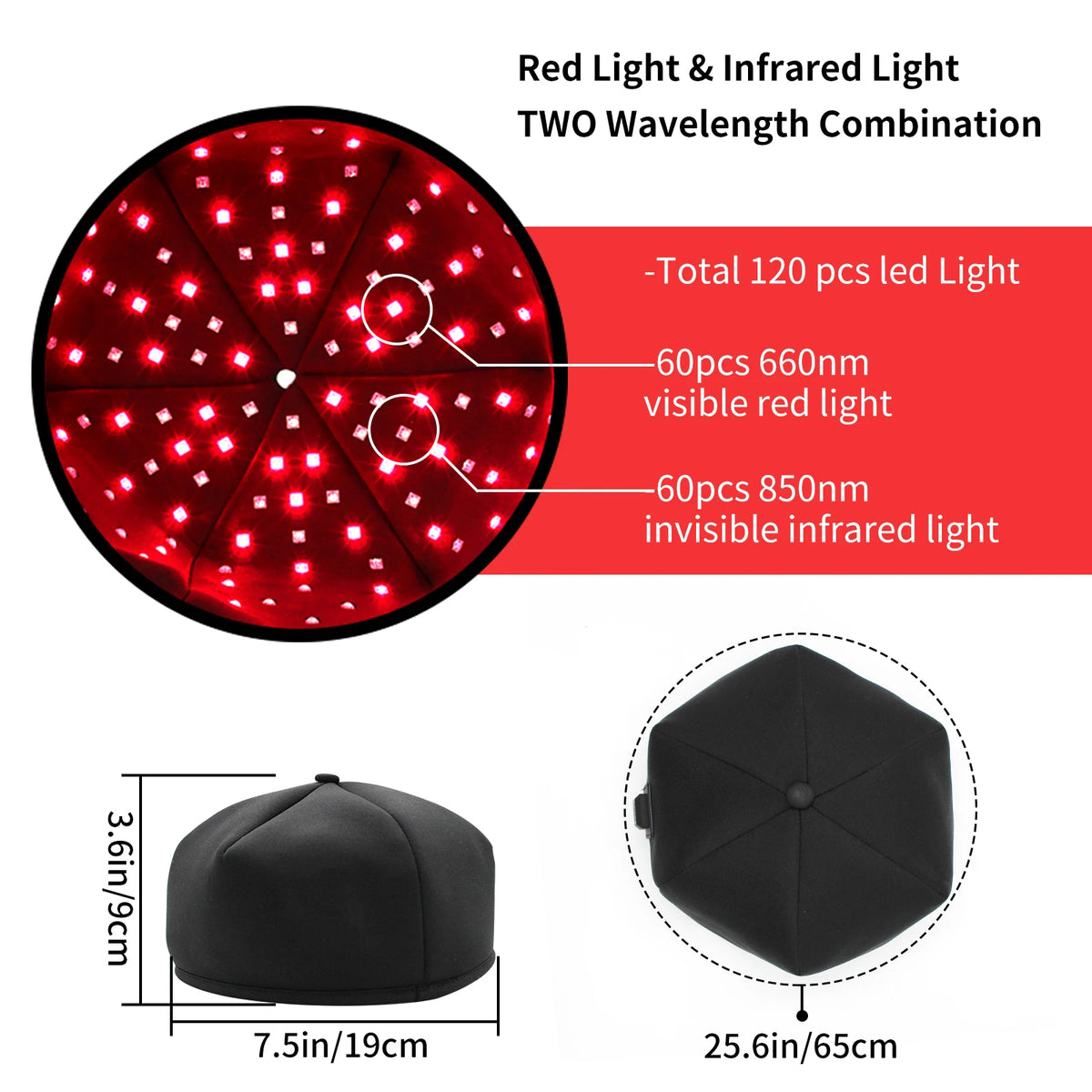 A black cap featuring a two-wavelength combination of red and infrared LED lights for hair growth.