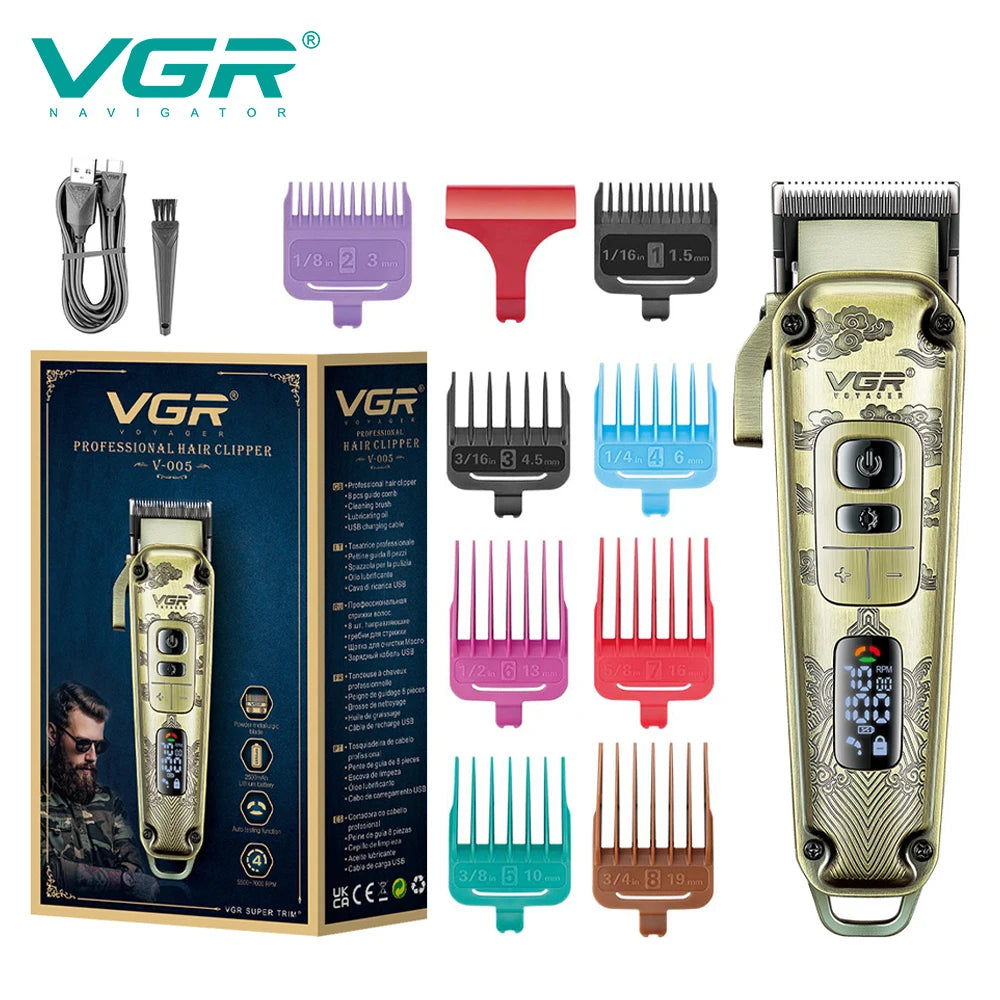 A set of VGR professional electric hair clippers and trimmer attachments in various colors and sizes.