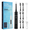 A black box containing an electric teeth cleaner and various brush heads, including a handle and charging cable.