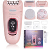 A pink Handheld body and facial hair remover device with various attachments shown.
