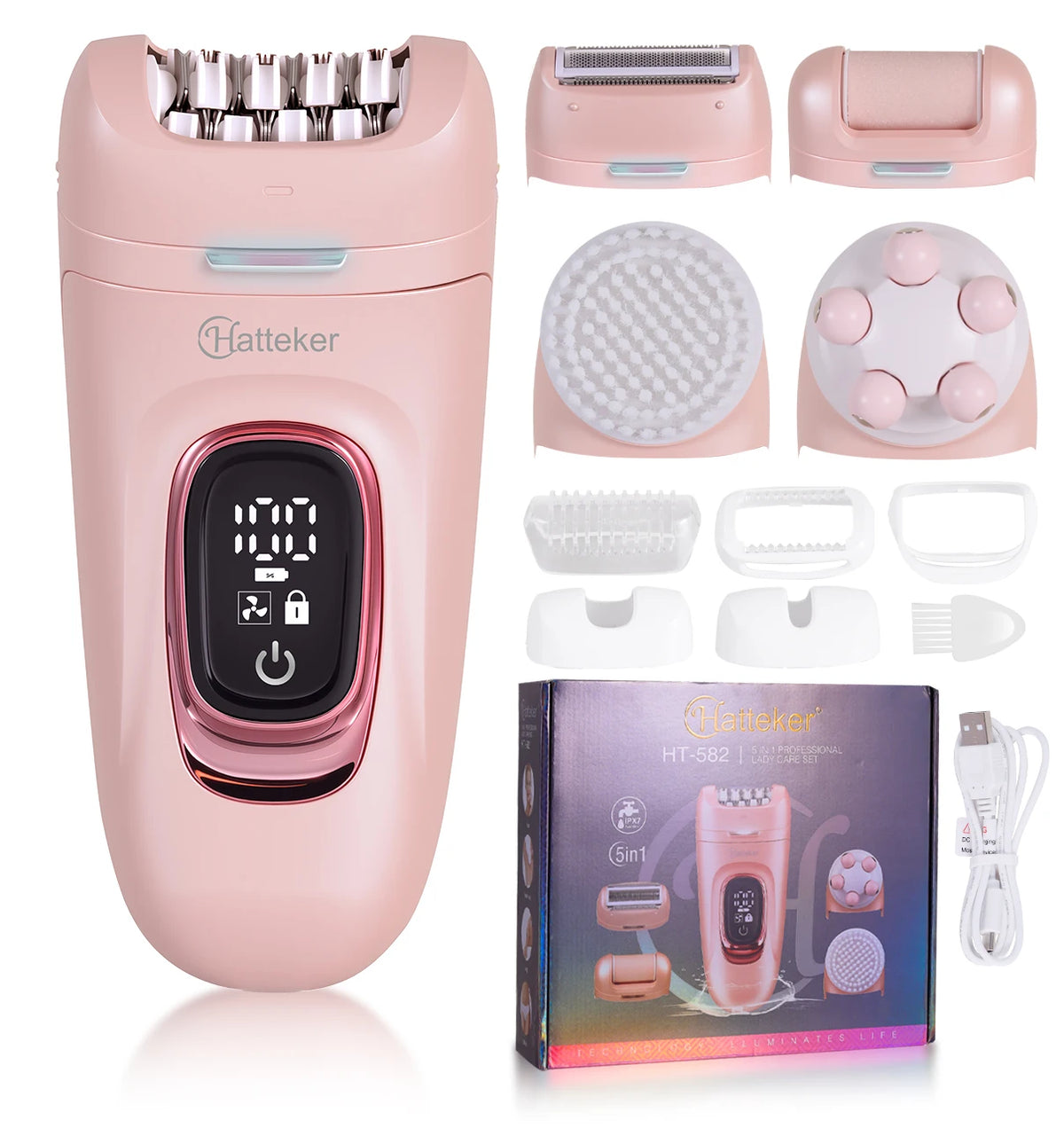 A pink Handheld body and facial hair remover device with various attachments shown.