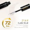 A black lash seal product is shown next to a black eyelash glue applicator, highlighting its 2-in-1 lash sealing function.