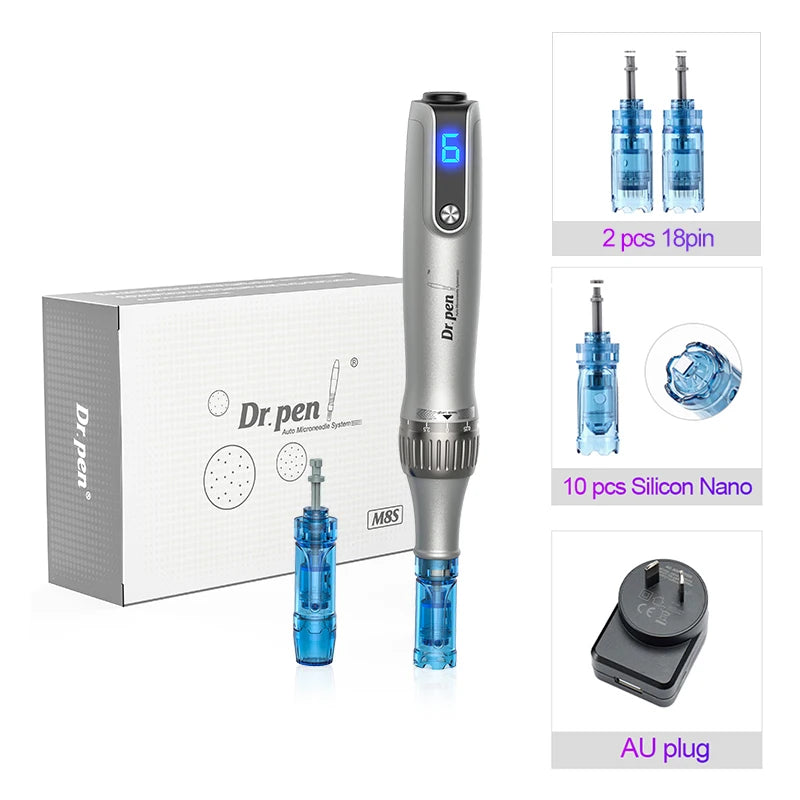 A Dr.pen wireless microneedling pen device shown with its components and charging plug.
