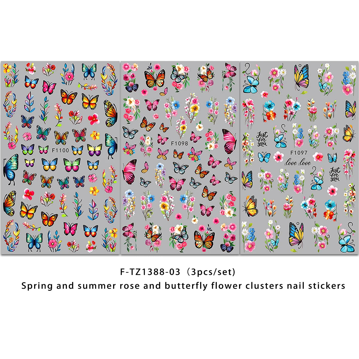 A set of F-TZ1388-03 nail stickers featuring spring and summer rose and butterfly flower clusters.