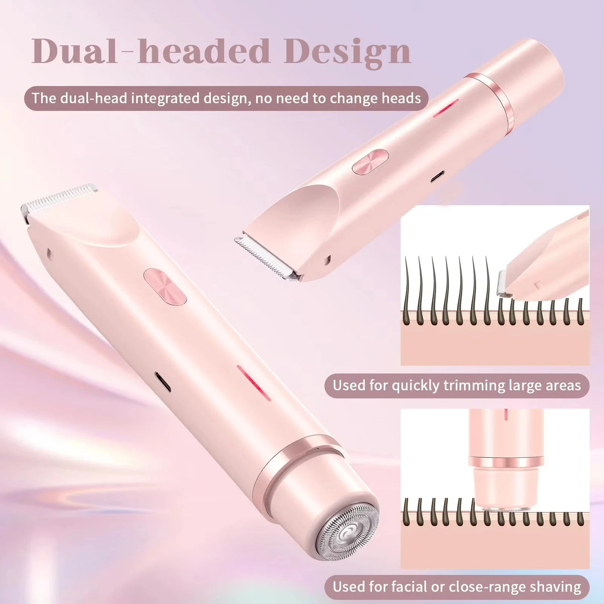 جهاز إزالة الشعر المحمول ثنائي الرأس باللون الوردي مع لقطات مقربة لرأسه وتعليمات الاستخدام.