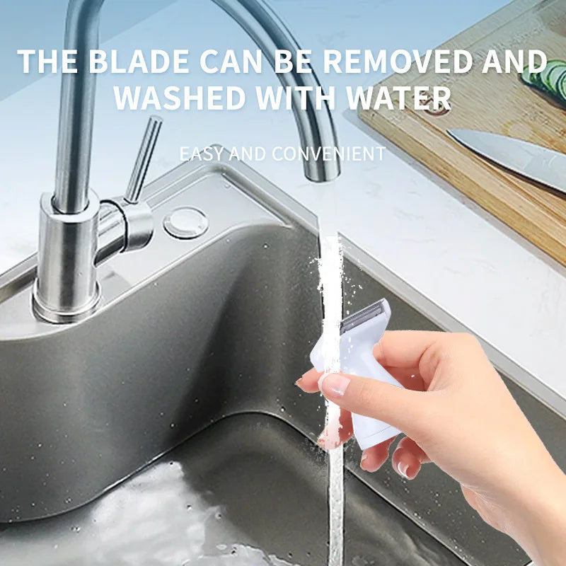 A hand is washing a blade from a faucet, demonstrating the easy removal and cleaning of a hair remover blade.