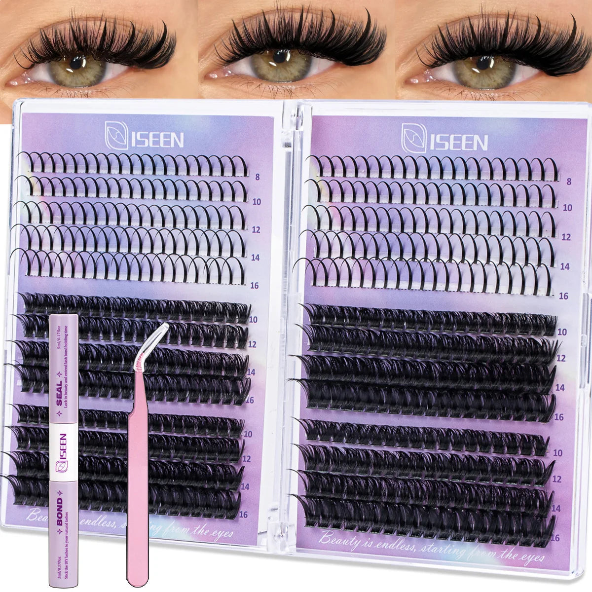 Nahaufnahme eines geöffneten DIY-Wimpernbesetzungs-Sets mit schwarzen und lila Wimpern und professionellen Augen-Make-up-Werk