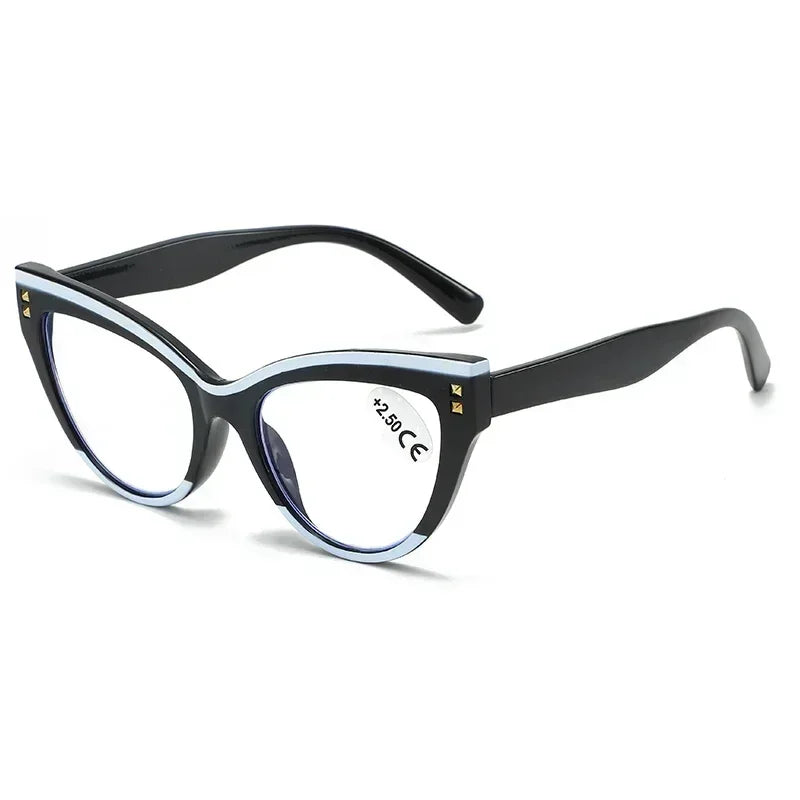 Lunettes de lecture à œil de chat noir et argent avec protection contre la lumière bleue.
