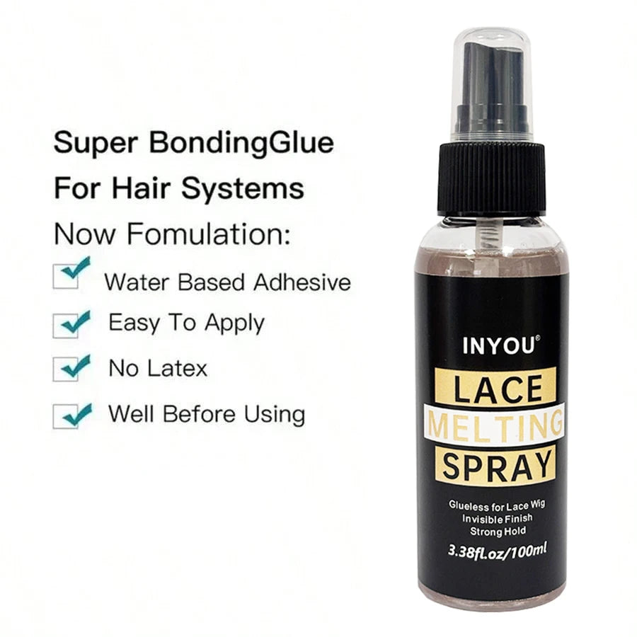 A bottle of INYOU Lace Melting Spray for hair systems with a black pump top.