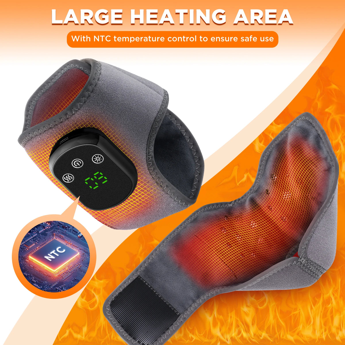 A gray heating and massage brace is shown with an NTC temperature control display, set against a background of fire.