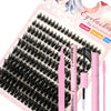 A pink DIY lash extension kit showing various lash types and tools for salon use