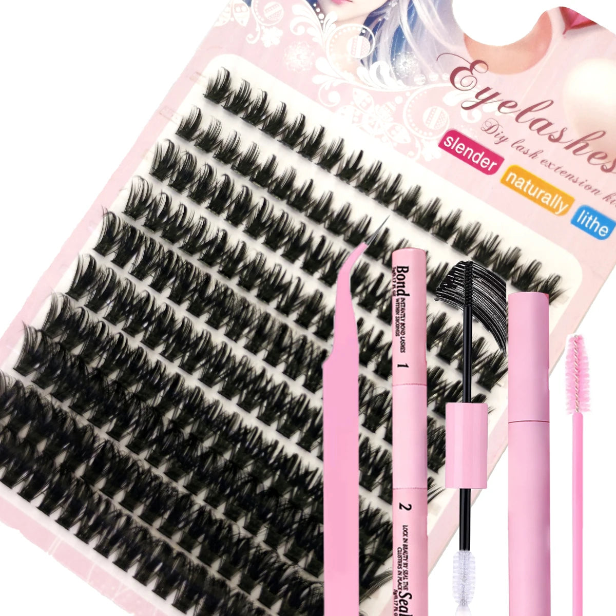 A pink DIY lash extension kit showing various lash types and tools for salon use