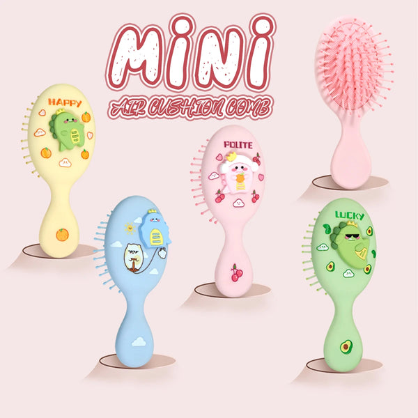 A set of four cartoon mini air cushion massage combs in yellow, pink, blue, and green.