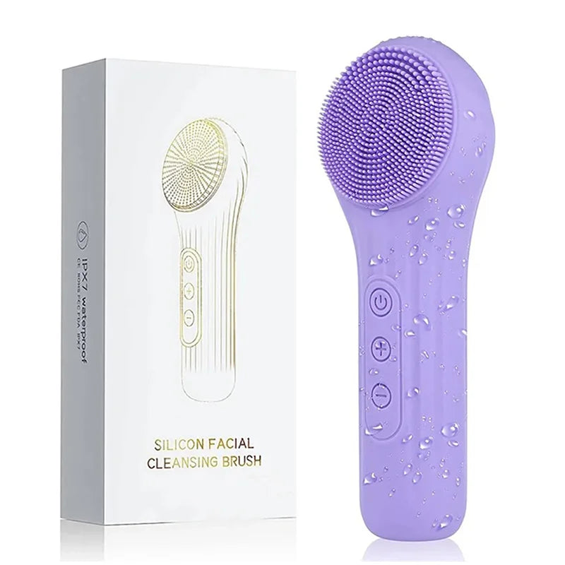 A purple silicone facial cleansing brush is shown next to its packaging box.