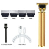 Professional USB rechargeable hair clipper with various size guards and an accompanying USB cable.