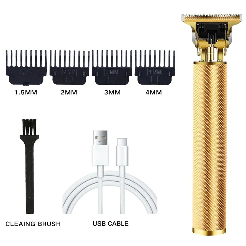 Professional USB rechargeable hair clipper with various size guards and an accompanying USB cable.
