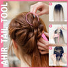 A tutorial showing how to create a hair braid using a pink comb on brown hair.