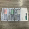 A set of portable USB rechargeable oral irrigators in pink and green colors with accessories shown next to the product box.